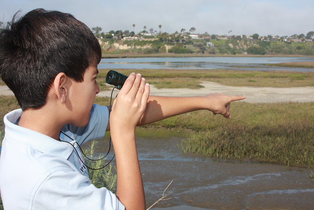 Boy using binoculars and pointing in wetland