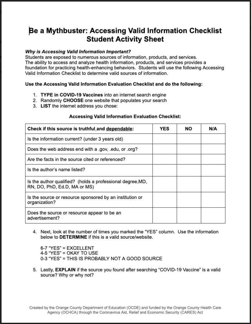 Middle School Activity Sheet