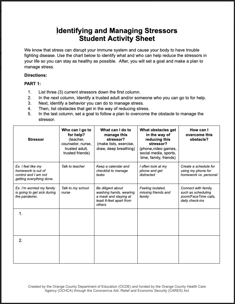 High School Activity Sheet
