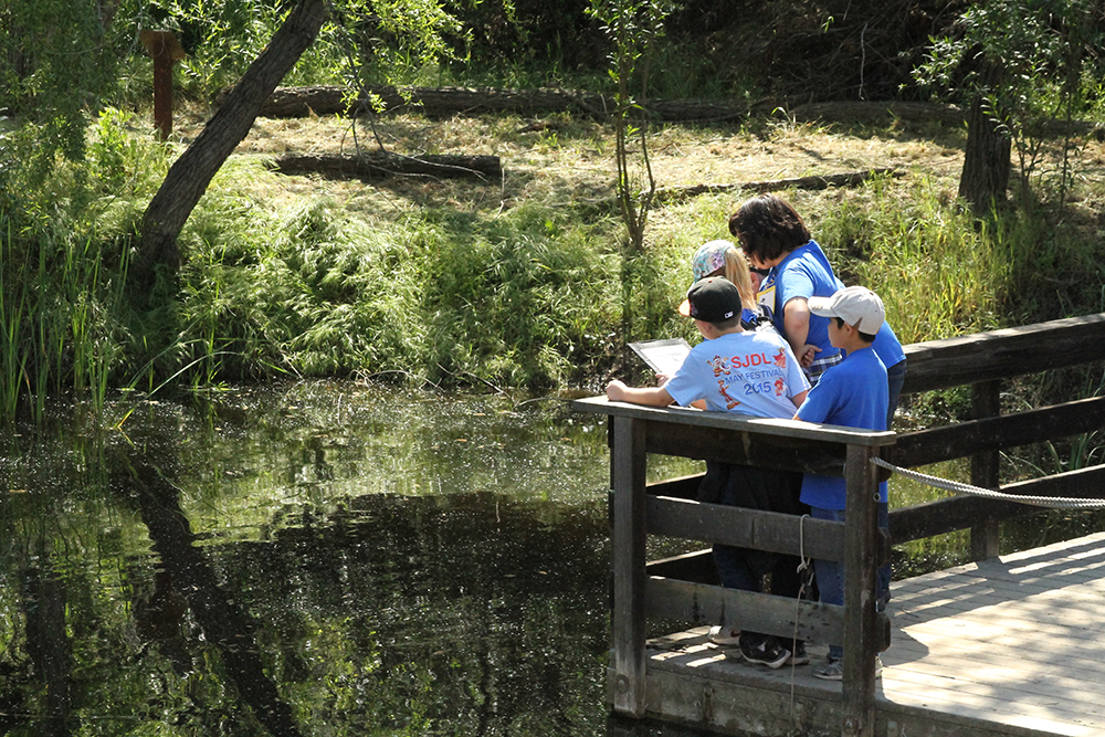 students and teacher at pond testing water quality